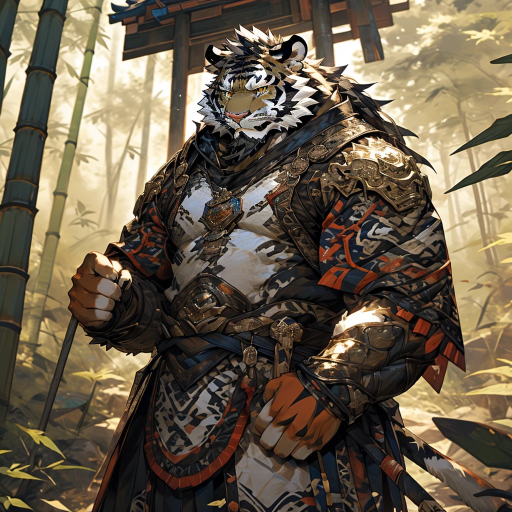 白色皮肤tiger),(黑白阴阳General战袍),Holding a long sword,坚Strong姿态,Stand calmly,(The background is a dark forest，Full of bamboo:1.2),abdominal muscles,Heroic Stance飒爽,完美的masterpiece,Various facial details,Perspective from a distance,specific description,masterpiece,CG,(Golden Eyes),Black and white pattern,Crimson Tail,General,Heroic Stance,tiger,Black and white fur,Specific facial details,Half Body,(黑白阴阳General战履),(Chang Ling),((middle aged)),(Face Focus),(16K),HD,Black and white belly，wilderness,beard,(Noodle),Different students,(Black and white yin and yang shirt),(Black and white hair),Strong,muscle,(high resolution:1.3),(Standing deep in the desolate bamboo forest),(close up),(Delicate face:1.5),Perfect details,(Half Body),(Facial details:1.5),(Zoom in on the face:1.5),(白色Noodle:1.2),(黑色beard:1.3),(white face;1.6),White body