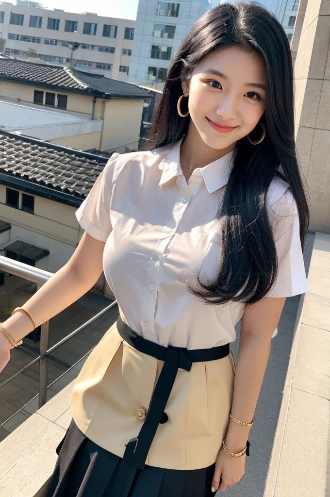 Rooftop of university building, 4th year university student, ((full body)), ((photo)), ((best qualtiy, 8K, tmasterpiece:1.3)), Focus:1.2, perfect figure beautiful girl:1.4, 1girl, cowboy shot, look at viewer, eyes facing the camera, incredibly absurd, beautiful and cute girl with a photorealistic face, showcasing top-quality craftsmanship, A Japanese girl watching the sunset on the roof of a university building, 19 years old, long, straight, silky black hair, fair skin, big eyes, thin eyebrows, double eyelids, long eyelashes, pink lips, smile, devilish smile, gorgeous features, well-defined facial features, beautiful face line, mysterious beauty, slender, tall, well-balanced proportions, large E-cup breasts, white shirt, tight black skirt, beige pumps, gold necklace and bracelet, small earrings, elegant ring, pretty girl, beauty, devilish type, pretty older sister, passionate about art, sociable, friendly, positive, has leadership skills, is proactive, is flexible, gets things done efficiently, works hard towards dreams and goals, March