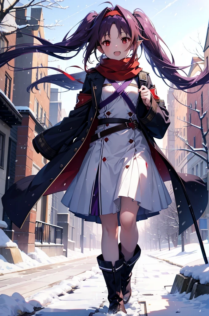 yuukikonno, Konno Yuuki, Long Hair, Pointed Ears, Purple Hair, (Red eyes:1.5), (Small breasts:1.2), Open your mouth,happy smile, smile, Open your mouth,hair band,low　Twin tails red scarf,Purple long coat,V-neck sweater,Long skirt,short boots,snowが降っている,snowが降り積もっている,snow,snow,snow,snow,winter,Cold night,Walking,whole bodyがイラストに入るように,Looking down from above,
break looking at viewer,  whole body,
break outdoors, In town,
break (masterpiece:1.2), Highest quality, High resolution, unity 8k wallpaper, (figure:0.8), (Beautiful attention to detail:1.6), Highly detailed face, Perfect lighting, Highly detailed CG, (Perfect hands, Perfect Anatomy),