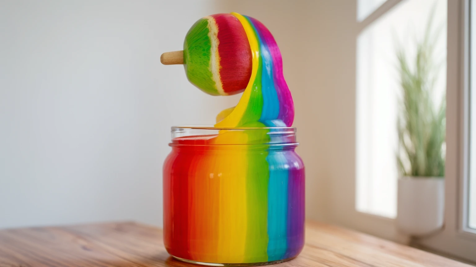 on a wooden table, there's a jar with rainbow cream inside, ice cream (sphere) red white and green, ice cream на деревянной палочке окунули в радужный крем, rainbow cream drips, against the background of the kitchen, against the background of the window, contour light, Multiple light sources, beautiful lighting, Bright light source, bright lighting, beautiful light sources, Multiple light sources, Realistic style , realistic texture, detailed texture, a high resolution, high quality, ultra hd 4k