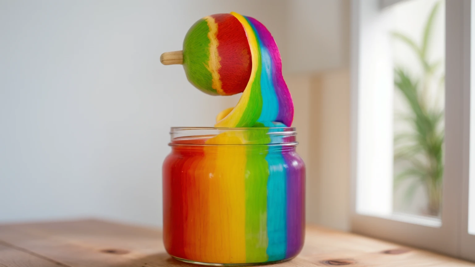 on a wooden table, there&#39;s a jar with rainbow cream inside, ice cream (sphere) red white and green, ice cream на деревянной палочке окунули в радужный крем, rainbow cream drips, against the background of the kitchen, against the background of the window,  contour light, Multiple light sources, beautiful lighting, Bright light source, bright lighting, beautiful light sources, Multiple light sources, Realistic style , realistic texture, detailed texture, a high resolution, high quality, ultra hd 4k 