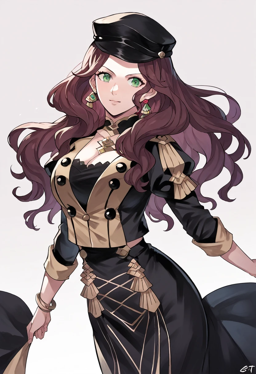 score_9, score_8_up, score_7_up, source_anime, Dorothea (Fire Emblem), mldortgm, black headwear, black skirt, (black uniform), brown hair, dangle earrings, gold trim, green eyes, jewelry, large breasts, long hair, black peaked cap, black hat