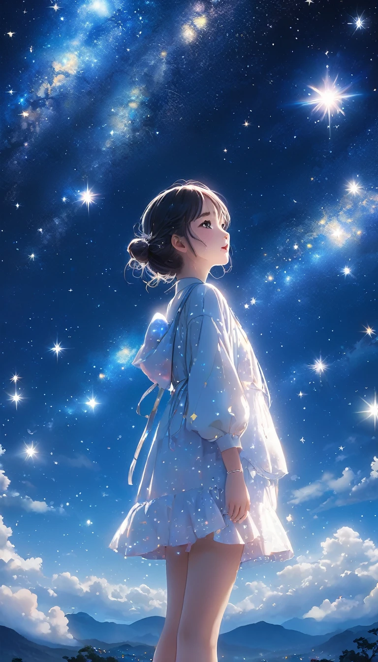 (8k、RAW Photos、Highest quality、look up:1.2、masterpiece:1.2、Genuineistic、Ultra-high resolution、High Contrast、Photon Mapping、Genuine、Very detailed、Official Art, RAW Photos、professional Lighting、 Light、Vivid atmosphere、twiceLight) title: 「Starry sky sounds」 explanation: この8kのRAW Photosは、Highest qualityでVery detailed背景に、It depicts a girl looking up at the night sky.。She is 、height: 150cm、色白の肌にLightブラウンのポニーテールをした日本のを着用しています。Her face is young々It'It's very moisturizing、She has a beautiful face and perfect proportions.、Longer, thinner legs。She is wearing a red bow tie and a stylish white lace blouse.、Checked skirt、I'Wearing black loafers。 The landscape spreads in the background、Beautiful stars in the night sky々And the nebula is shining。The sun goes down、At the foot of the mountains the sea spreads、Regional cities without skyscrapers are expanding.。She is sitting on the roof of a building、It depicts a girl lost in thought while looking at the stars.。The city seen from where you sit、The Lights of each house shine beautifully、The Light on the ground and the glow of the night sky create a beautiful contrast.。 This anime scene、A beautiful depiction of the girl's night view.、It expresses the moment when she finds the star of hope while looking at the stars.。