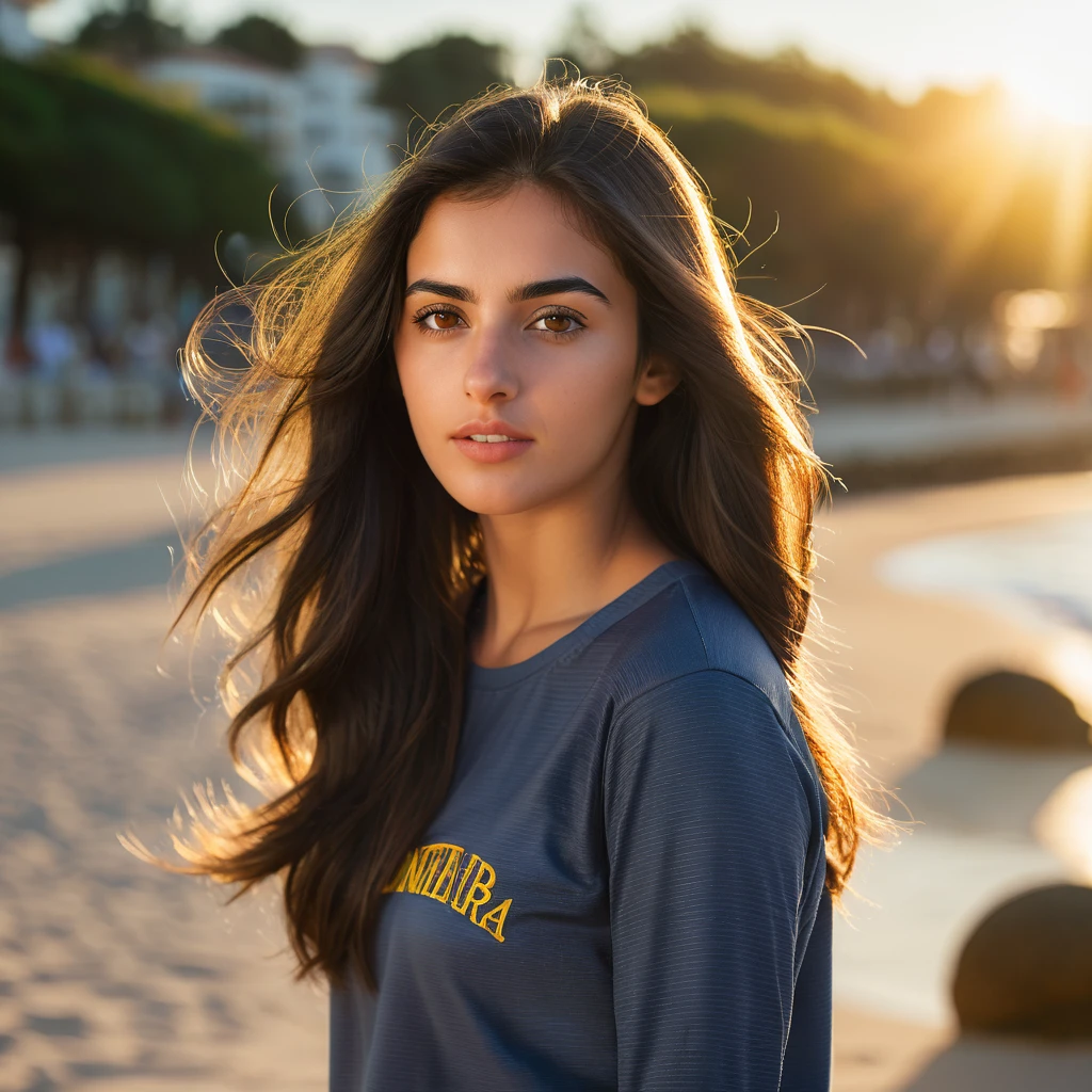 A photorealistic of a 21-year-old spanish girl with long, flowing dark hair and striking dark eyes. She should have a natural, approachable expression and be illuminated by soft, golden-hour sunlight. The background should be a scenic outdoor setting, perhaps a sunlit park or beach. Capture this image with a high-resolution photograph using an 85mm lens for a flattering perspective. She should be playing sports on the beach. Full body image