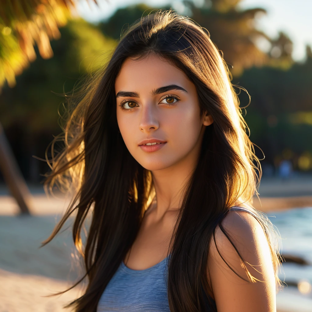 A photorealistic of a 21-year-old spanish girl with long, flowing dark hair and striking dark eyes. She should have a natural, approachable expression and be illuminated by soft, golden-hour sunlight. The background should be a scenic outdoor setting, perhaps a sunlit park or beach. Capture this image with a high-resolution photograph using an 85mm lens for a flattering perspective. She should be playing sports on the beach. Full body image