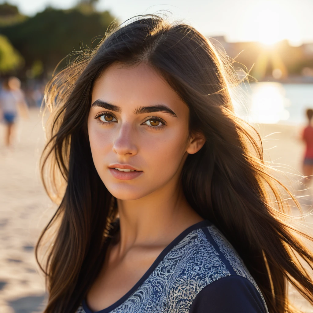 A photorealistic of a 21-year-old spanish girl with long, flowing dark hair and striking dark eyes. She should have a natural, approachable expression and be illuminated by soft, golden-hour sunlight. The background should be a scenic outdoor setting, perhaps a sunlit park or beach. Capture this image with a high-resolution photograph using an 85mm lens for a flattering perspective. She should be playing sports on the beach. Full body image