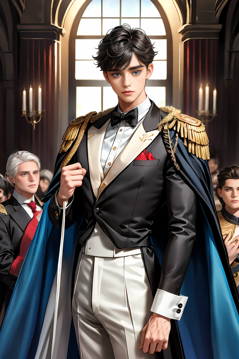 
masterpiece, 最high quality, high quality, 1 boy, alone, Male focus, Watching the audience,  Messy black hair, Adorable big blue eyes, White, Noble, Noble,Sexy voluminous cape、Tuxedo、A very voluminous, large, very large, very large, long, long red and black cape with a high stand-up collar, reaching down to the floor, made of a lot of fabric., 17 years old,Cute beautiful boys,Cute, cute, kind, handsome guy