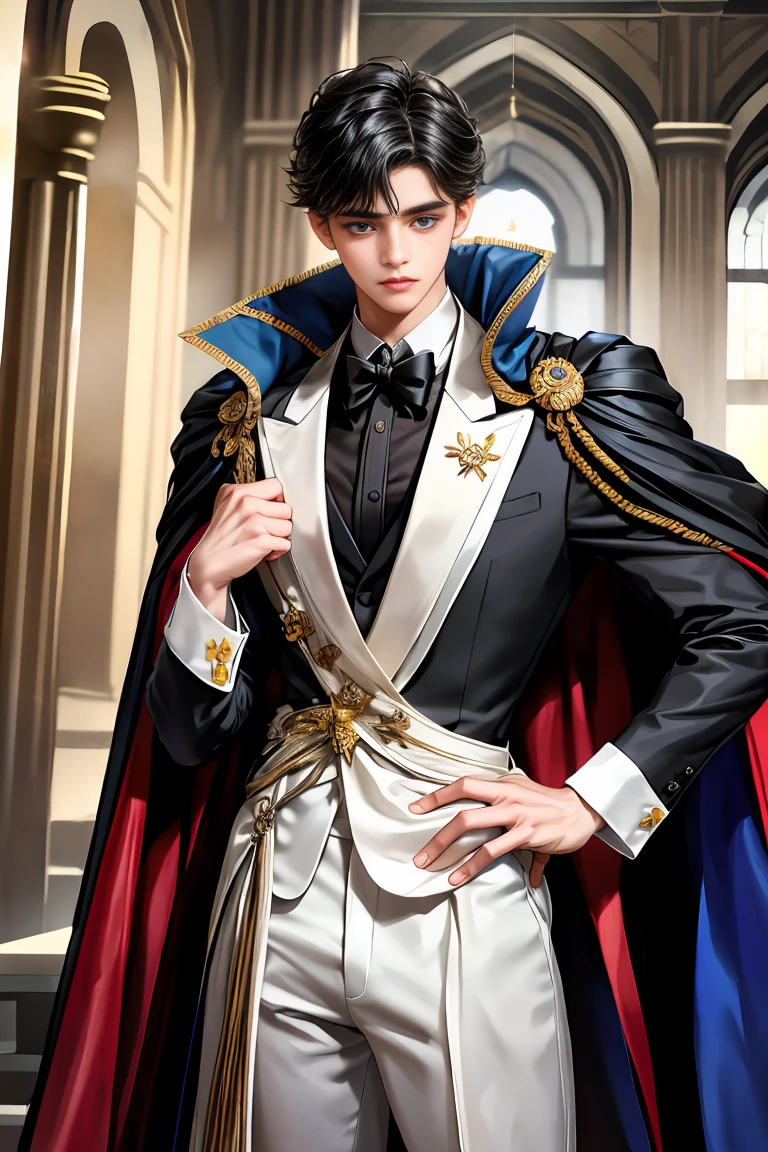 masterpiece, 最high quality, high quality, 1 boy, alone, Male focus, Watching the audience, Messy black hair, Adorable big blue eyes, White, Noble, Noble,Sexy voluminous cape、Tuxedo、A very voluminous, large, very large, very large, long, long red and black cape with a high stand-up collar, reaching down to the floor, made of a lot of fabric., ,Cute beautiful boys,Cute, cute, kind, handsome guy