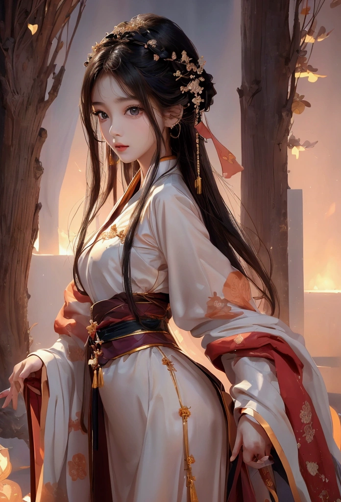 Best image quality、8k、masterpiece：1.3))、Realistic high-quality photos、Highest quality、 Beautiful face、Photos of slim models、Beautiful girl model、Young and pretty face、Beautiful model girl、A lovely and delicate face、Black Hair、Beautiful brown eyes、Young Body、Hanfu, (emphasize)、from the front、Camera gaze,、Anatomically correct、胸の谷間をemphasize、whole body、13-year-old female model