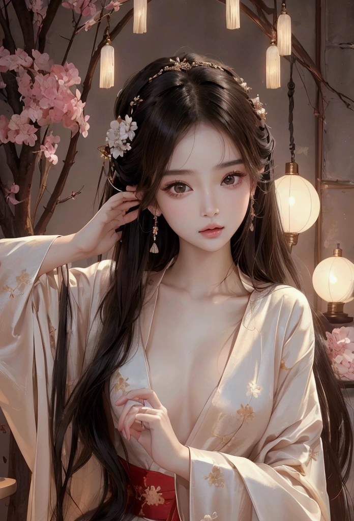 Best image quality、8k、masterpiece:1.3))、Realistic high-quality photos、Highest quality、 Beautiful face、Photos of slim models、Beautiful girl model、Young and pretty face、Beautiful model girl、A lovely and delicate face、Black Hair、Beautiful brown eyes、Young Body、Hanfu, (emphasize)、from the front、Camera gaze,、Anatomically correct、胸の谷間をemphasize、whole body、13-year-old female model