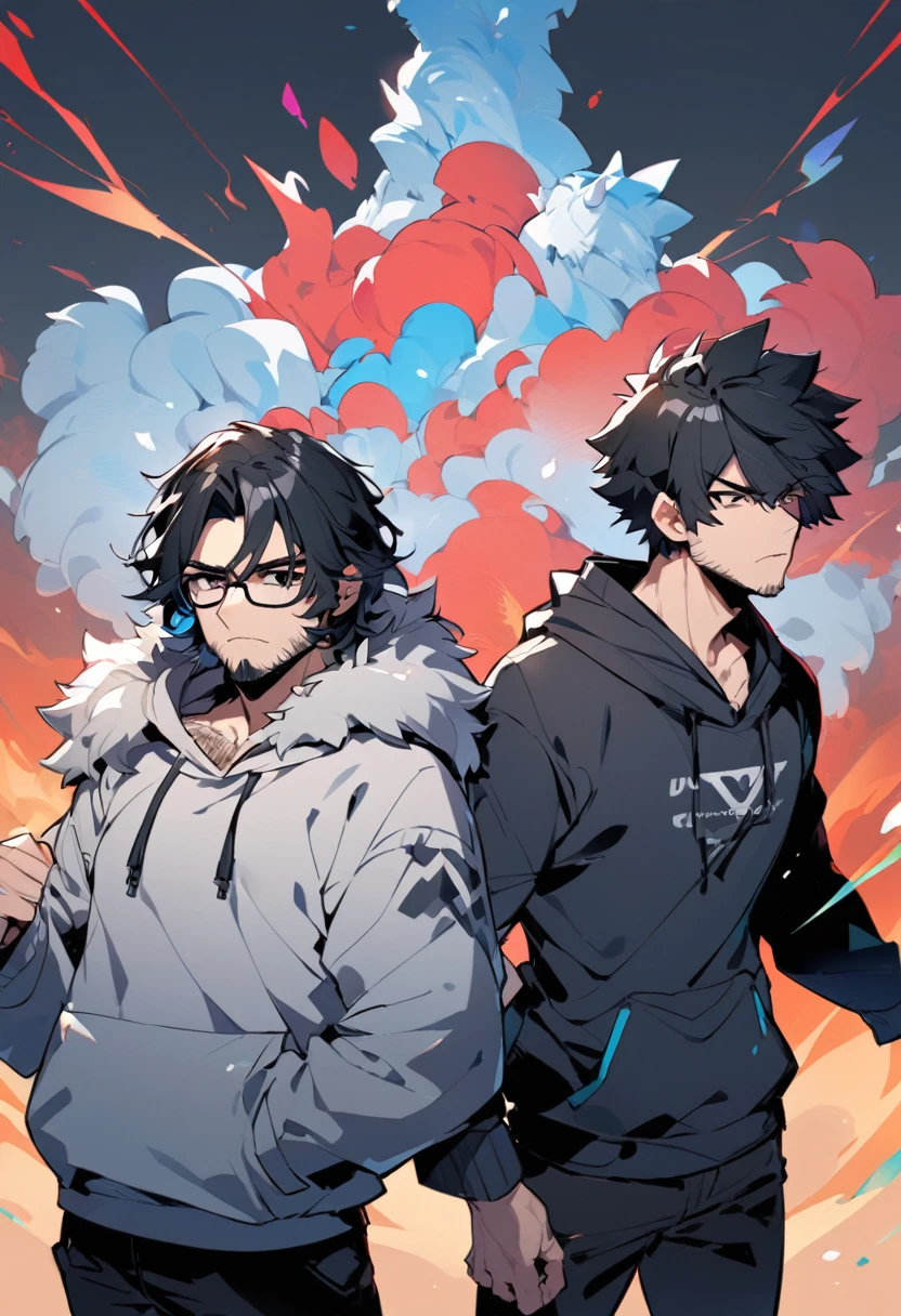 hairy, black eyes, Duet, hairy男, , Body hair, Fluffy fur, White paws, Blue and white fur, Dark blue sweatshirt, Black pants, Black Hair, Gray ears, Gradient hair, Colorful hair, Black glasses, hairy尾巴, Red Stripes, short hair, Bangs, hood, boring, Serious, Black Hair, Big Dick,