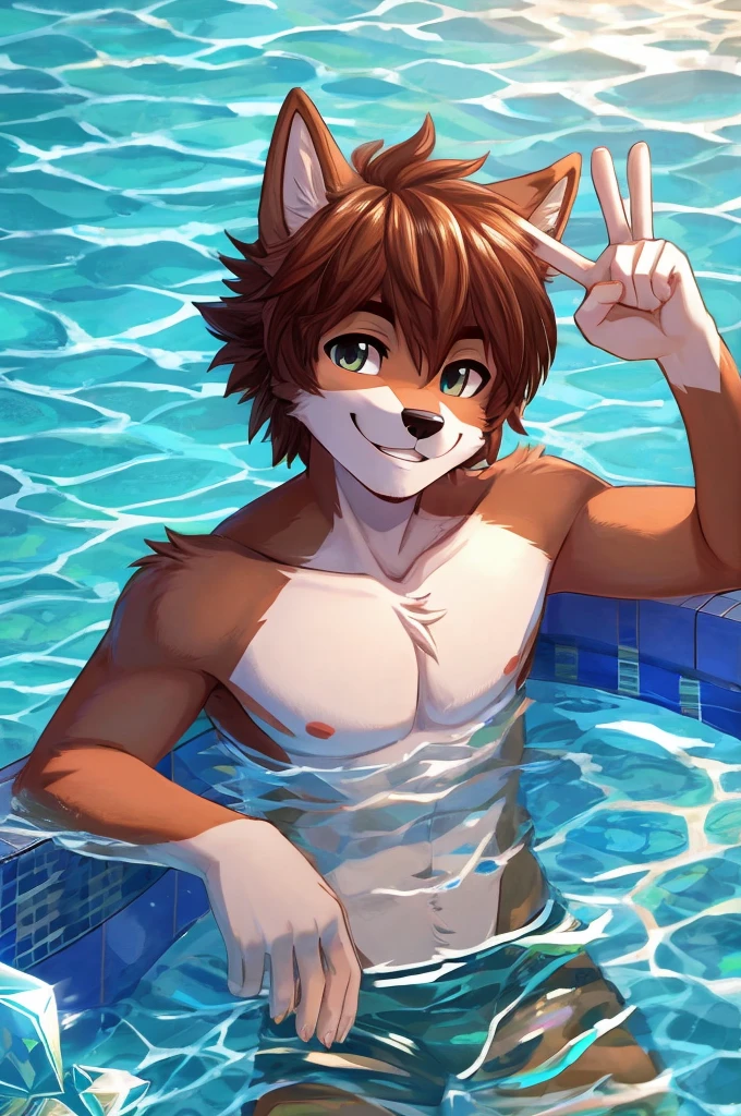 Top shot of an anthropomorphic male age wolf which is relaxing on a pool with crystal clear water, all this while showing a smile on his face, winks and has an arm extended upward while his hand gestures a V sign, the scene is perfectly lit by the midday sun.