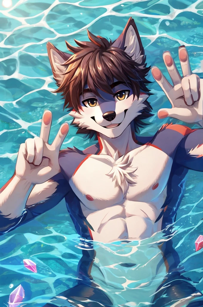 Top shot of an anthropomorphic male teenage wolf which is relaxing on a pool with crystal clear water, all this while showing a smile on his face, winks and has an arm extended upward while his hand gestures a V sign, the scene is perfectly lit by the midday sun.