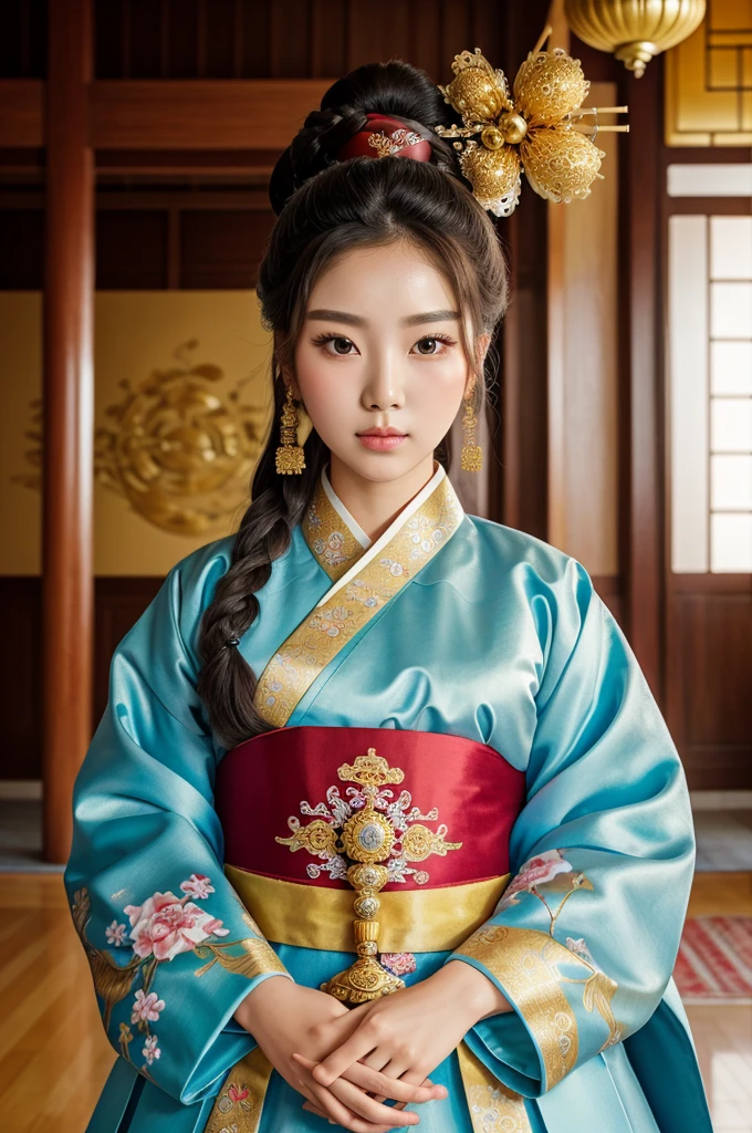 *big painting (placed in a big hall) of a beautiful princess in a traditional korean hanbok, her hair is in a knot on top of her head held together by a small golden ornament,*