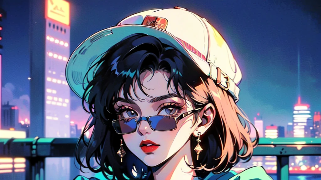 (80's, Retro, City Pop:1.5),  (masterpiece, Highest quality, Exquisite detail), (anime, figure), girl, alone, cool, Wearing sunglasses, short hair,Cityscape, Street fashion, Wearing a hoodie, Wearing a black baseball cap
