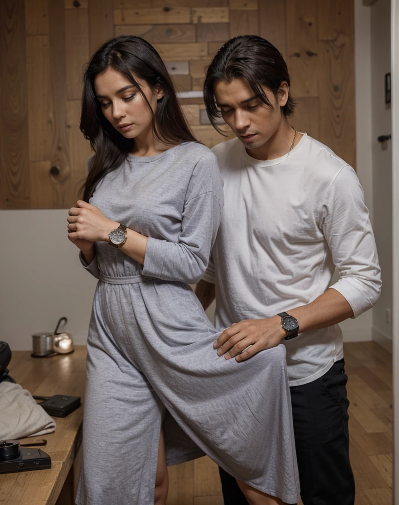 The man's shirt is light-black, his pants are black, and he has a watch on his left hand. The woman is wearing a light-purple dress, her hair is black, and she is wearing a watch on her right hand. Both are a couple. The color of the skin is pale. The floor is an old house indian cupple ,coloriz image