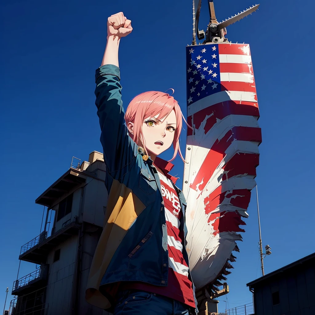 Makima (chainsaw man) now fists in the air, American flag flying behind, anime background key visual, still from anime, a-1 pictures, konpeki no kantai