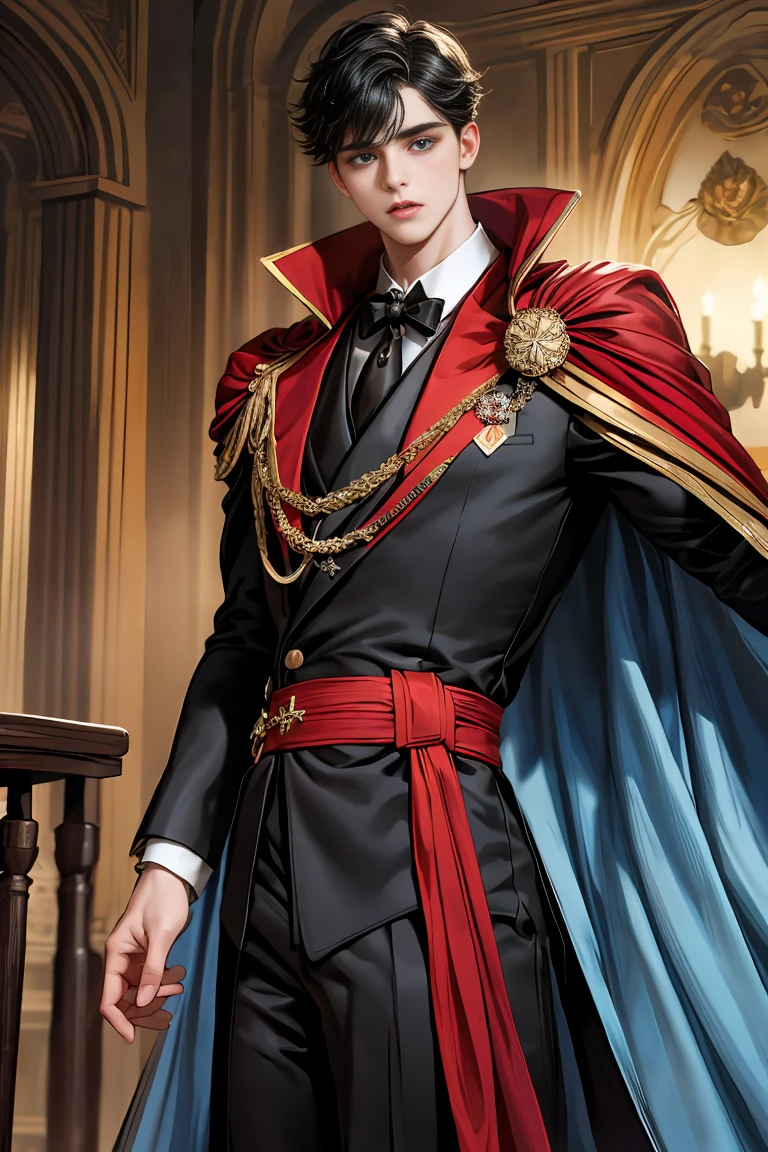 masterpiece, 最high quality, high quality, 1 boy, alone, Male focus, Watching the audience, Messy black hair, Adorable big blue eyes, White people, Noble, Noble,Sexy voluminous black and red cape、Tuxedo、A very voluminous, large, very large, very large, long, long red and black cape with a high stand-up collar, reaching down to the floor, made of a lot of fabric., ,Cute beautiful boys,Cute, cute, kind, handsome guy
