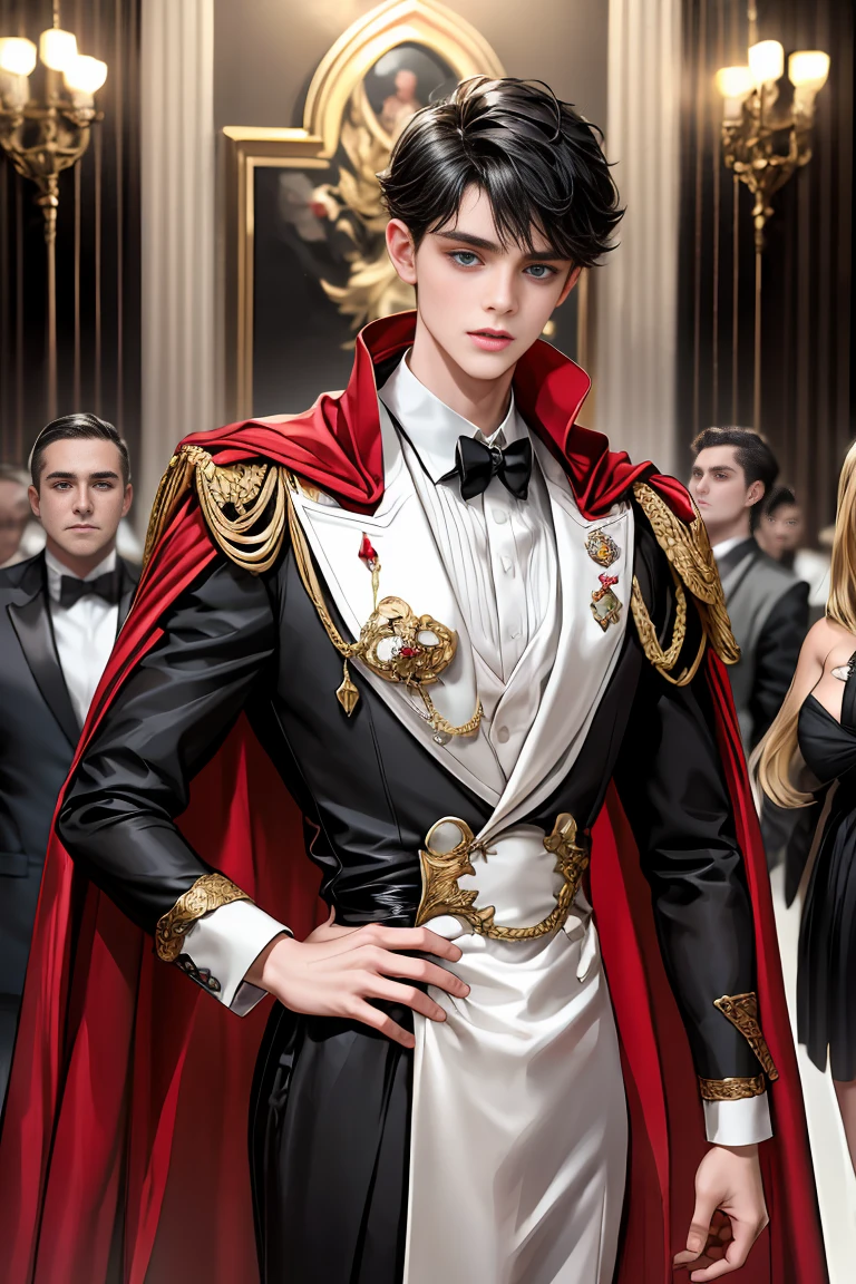 
masterpiece, 最high quality, high quality, 1 boy, alone, Male focus, Watching the audience,  Messy black hair, Adorable big blue eyes, White people, Noble, Noble,Sexy voluminous black and red cape、Tuxedo、A very voluminous, large, very large, very large, long, long red and black cape with a high stand-up collar, reaching down to the floor, made of a lot of fabric., 17 years old,Cute beautiful boys,Cute, cute, kind, handsome guy