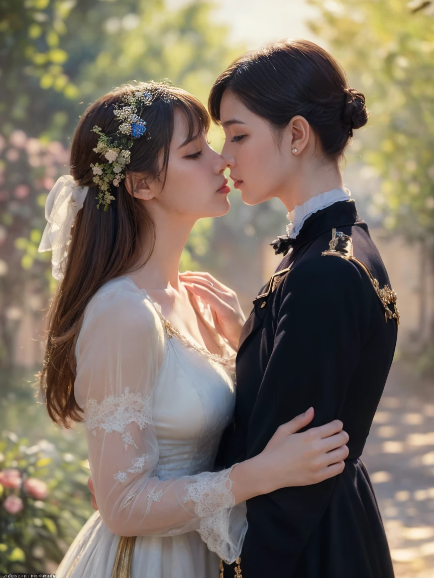 ((masterpiece:1.4, Highest quality)), (Realistic photos:1.4),
((two stunning girls are deeply in love with each other, kiss)), (Otherworldly beauty), (dream-like),
(超High resolution:1.2), Very delicate and beautiful, wonderful, Very detailed CG Unity 8k wallpaper, Very detailed, High resolution,
Soft Light, Beautiful detailed girl, Very detailedな目と顔, Beautiful and detailed nose, Beautiful and detailed,
(Dressed in late 19th century French costume:1.3),
Cinema Lighting, Perfect Anatomy, Slender body, (Parted bangs),
(The world of impressionist paintings:1.5), (Impressionist light and color),
Cowboy Shot