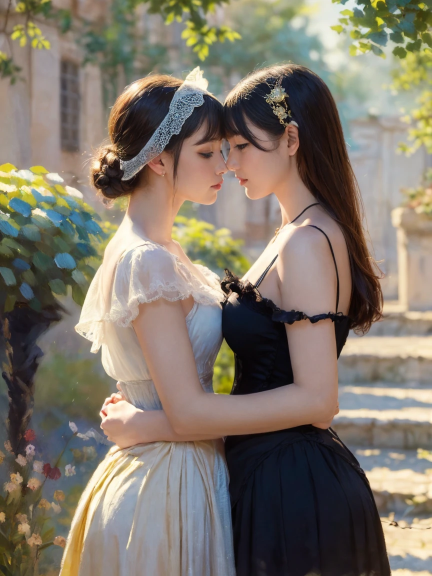 ((masterpiece:1.4, Highest quality)), (Realistic photos:1.4),
((two stunning girls are deeply in love with each other, kiss)), (Otherworldly beauty), (dream-like),
(超High resolution:1.2), Very delicate and beautiful, wonderful, Very detailed CG Unity 8k wallpaper, Very detailed, High resolution,
Soft Light, Beautiful detailed girl, Very detailedな目と顔, Beautiful and detailed nose, Beautiful and detailed,
(Dressed in late 19th century French costume:1.3),
Cinema Lighting, Perfect Anatomy, Slender body, (Parted bangs),
(The world of impressionist paintings:1.5), (Impressionist light and color),
Cowboy Shot