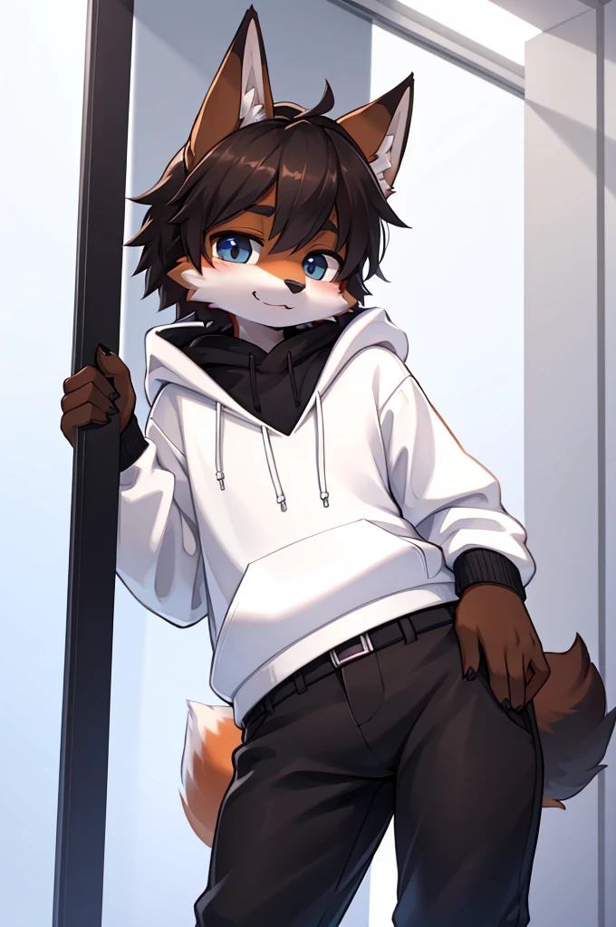 Furry,Fox,boy,8k resolution,Highest quality,                   Black trousers,White hoodie outfit！Hanging a smartphone,