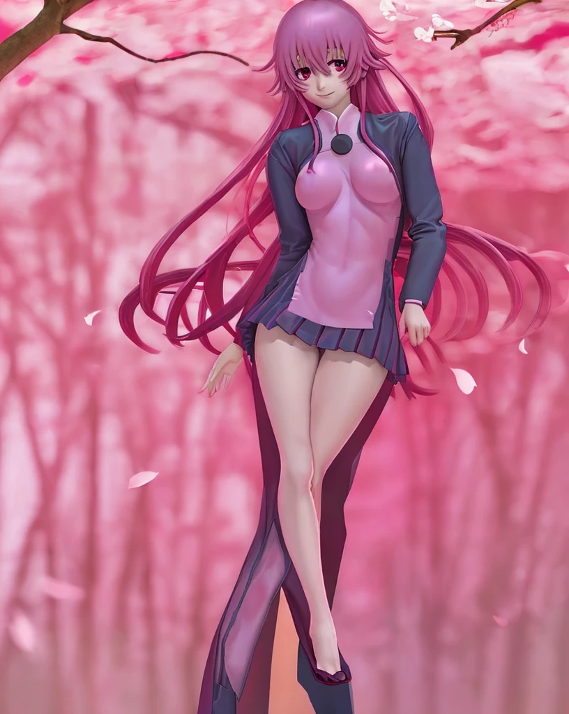 Yuno Gasai (Future Diary), solo, detailed, high quality, 4K,  figure, 32A breasts, delicate features, gentle smile, Japanese school background with cherry blossoms, vibrant colors, nipples slightly visible, lively gaze, correct proportions, symmetrical composition