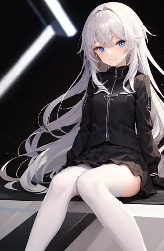 girl, black jacket , black gloves, Little smile, long white hair, short black skirt, blue eyes, Long black stockings. sitting,(white light in the background, black background, road)