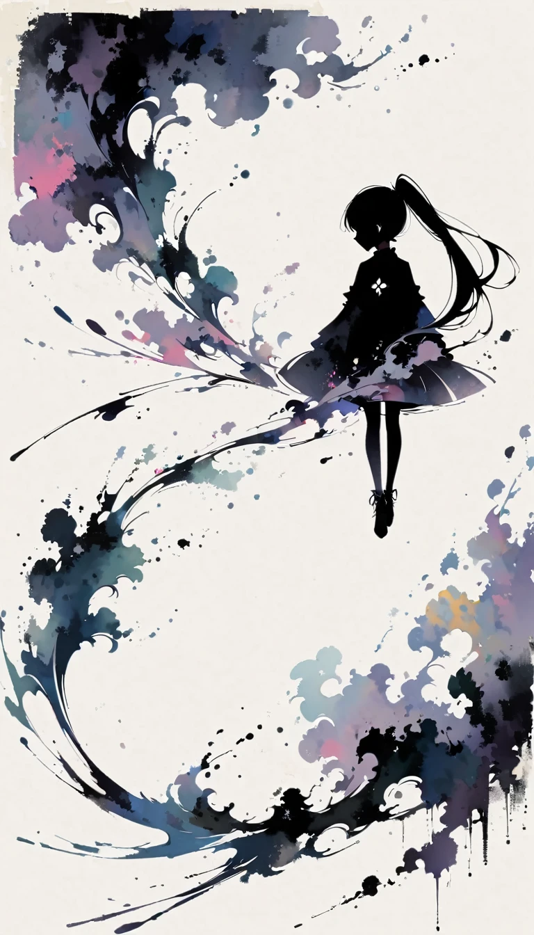 Ponytail girl, Gothic style, Minimalism, Linear style, Huge negative space, Ink Painting, Abstract