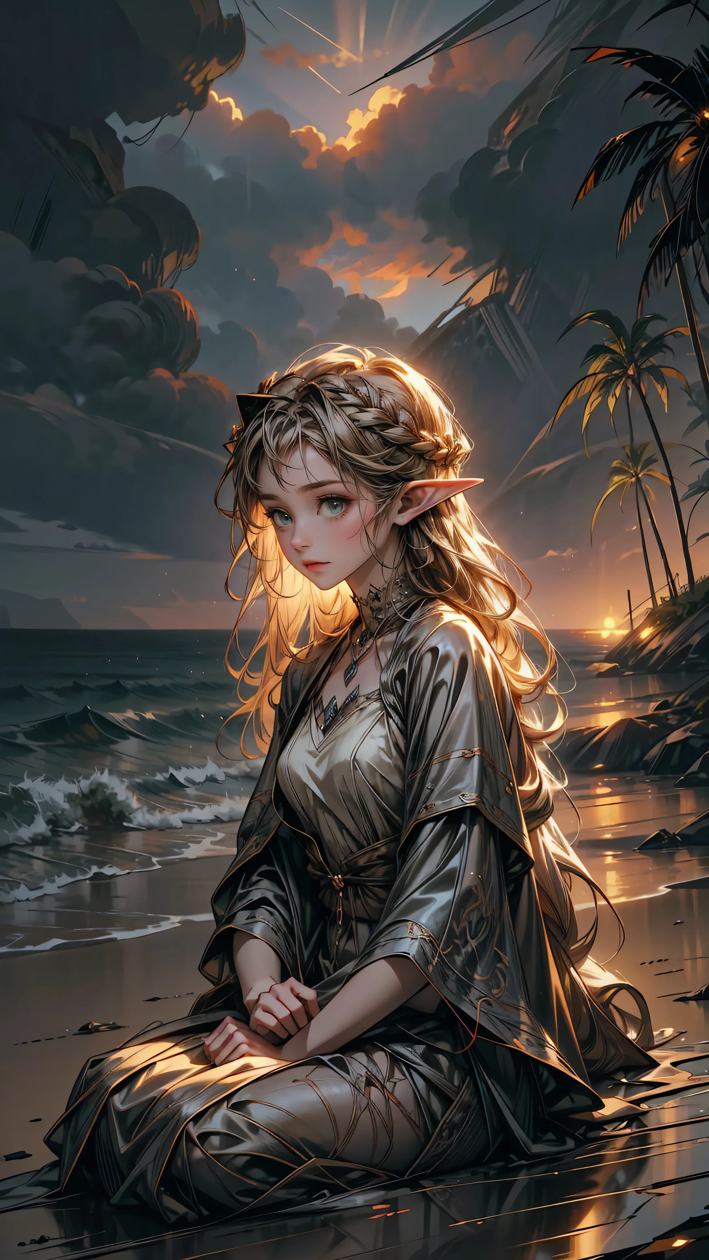 2 elf girlasterpiece, best quality: 1.2), ultra detailed, cinematic lighting, HDR, illustration, landsape, 2girls, (soft colors), post-apocalyptic beach, the night, desolate atmosphere, girl sitting on the sand, covered vegetation, (overcast sky), waves crashing on the coast, (melancholic but hopeful), quiet moment of respite, (detailed textures), windswept hair, cloudy at night\