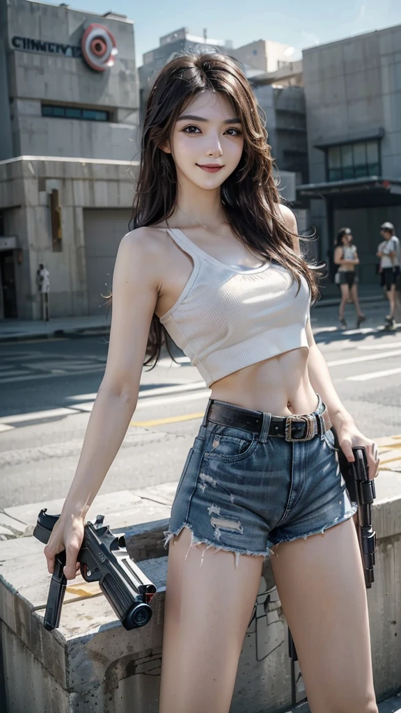 (Top quality，Ultra HD，lifelike: 1.4)(Cowboy Shooter 1)，A beautiful armed girl， (K-Pop Idol) ，Detailed face，opposition，Perfect anatomy，Smooth skin，Professional lighting， ((Wearing a white belly-baring tube top，Black shorts，Big belt，White sneakers，with long hair in takes，Soak all over)，(((Target your audience，aiming at viewer,holding pistol,handgun))),Victory in battle，Smile of victory(background，city center) ) ,Full body close-up