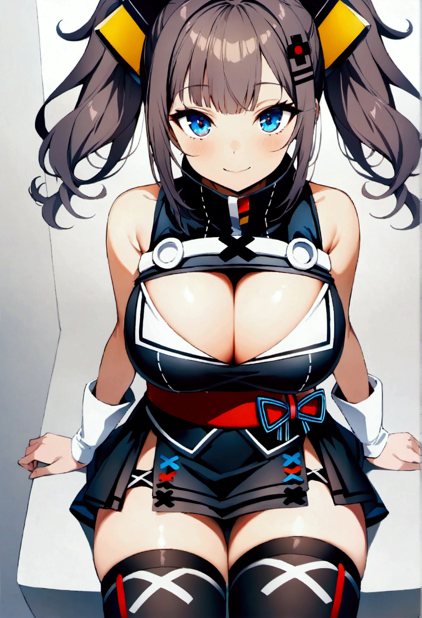 (score_9,score_8_up,score_7_up), (best quality, masterpiece) , perfect anatomy,,.official style, kaguya luna, very aesthetic, intricate, overall detail, 1 girl, upper cleavage,sash,large breast, black miniskirt, thighhighs, sitting, light smile, simple background, from above, straight-on, upperbody,(breast focus:1.2),self_shot ,　　intricate, hyper-detailed, 100-layer, ultra-high resolution,joy,,