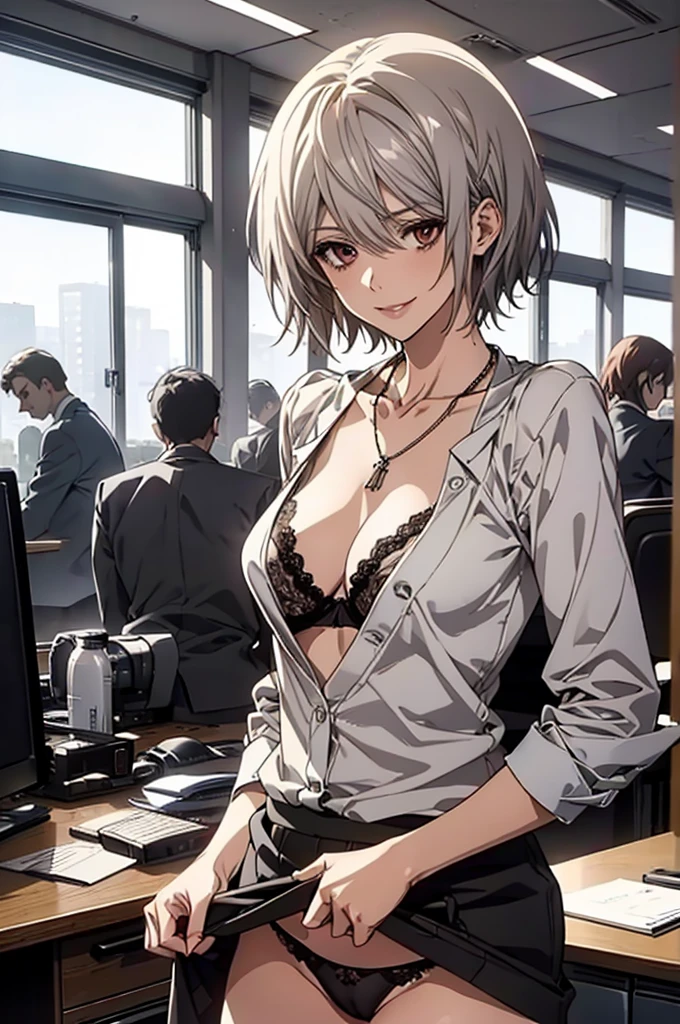 (Highest quality, High resolution, Very detailed), Silver Hair, Super short hair, Reddish brown eyes, office staff suit skirt, lace thong bra, Large Breasts, necklace, secretary, 24th generation, Beautiful woman, mature, quiet, Calm, A small smile, office,