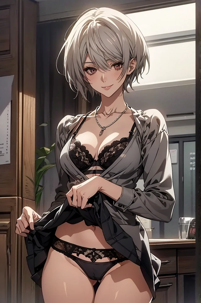(Highest quality, High resolution, Very detailed), Silver Hair, Super short hair, Reddish brown eyes, suit skirt, lace  bra, , necklace, secretary, 24th generation, Beautiful woman, mature, quiet, Calm, A small smile, office,