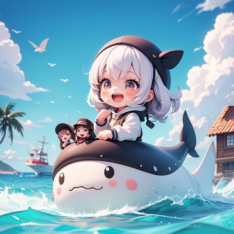 The characters looked very happy..
The character raised his fist.. Whale in front The character opens his mouth and is happy.. , cartoon girl in ch, The cutest cute stickers ever., cute digital art, chibi girl, cute anime style, Cute detailed digital art., chibi anime, cute anime girl, chibi anime girl, cute vtuber house, Sticker illustration. There is a sea. There is a sky. A group of whales. A big whale.