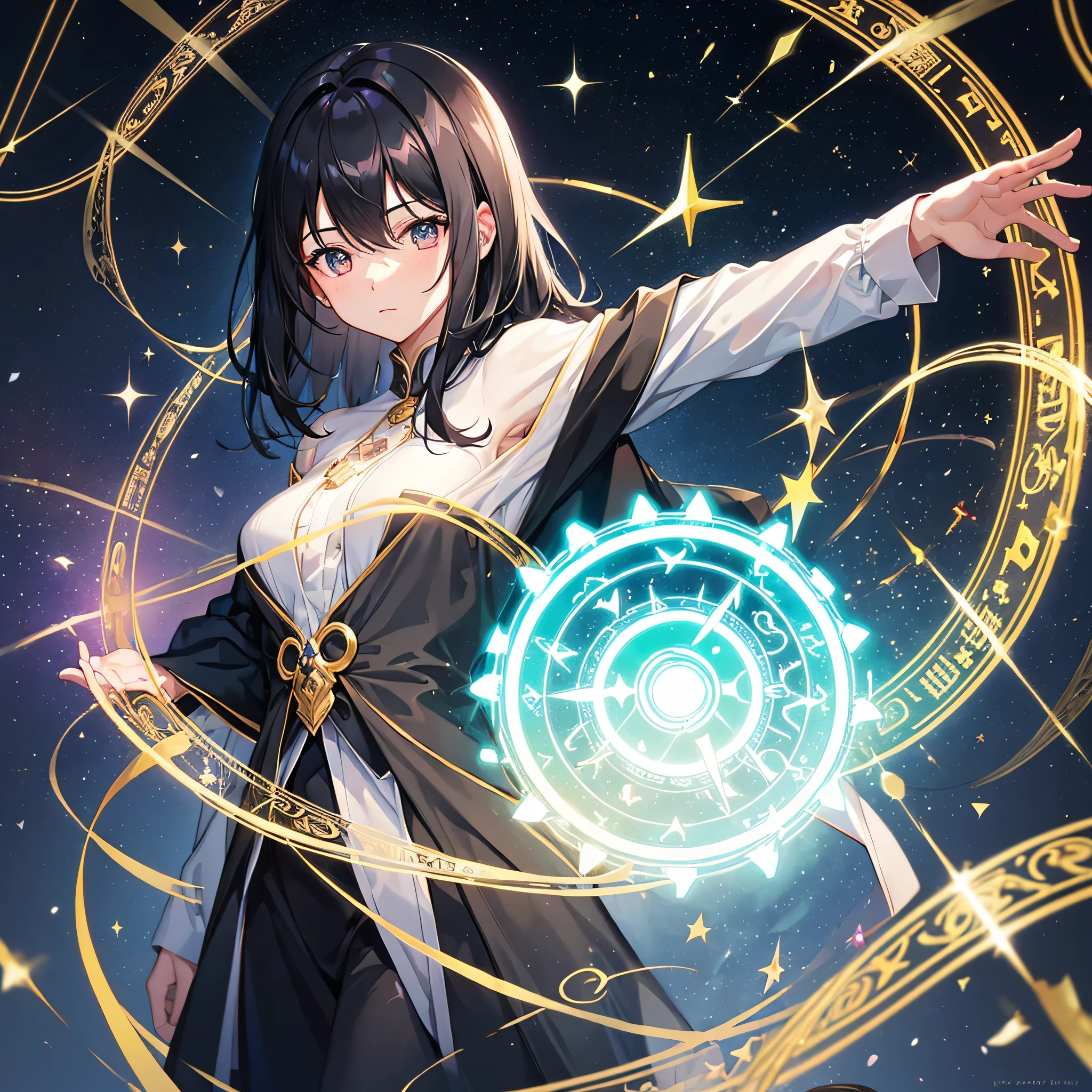 ((Black Hair magic circle Wizard's Hat Red eyes)) ((explosion force Cane starのペンダント fire)) (Magic Robe shine star Streaks of Light) moon 彗star incantation Runes
