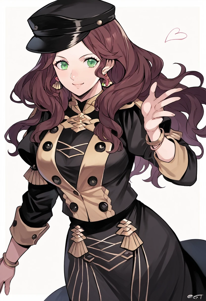 score_9, score_8_up, score_7_up, source_anime, Dorothea (Fire Emblem), mldortgm, black headwear, black skirt, (black uniform), brown hair, dangle earrings, gold trim, green eyes, jewelry, large breasts, long hair, black peaked cap, black hat, smile