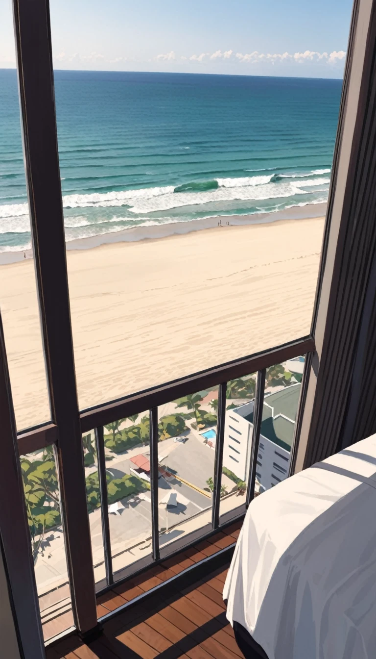 POV: Overlooking the beach and ocean from a hotel room window.