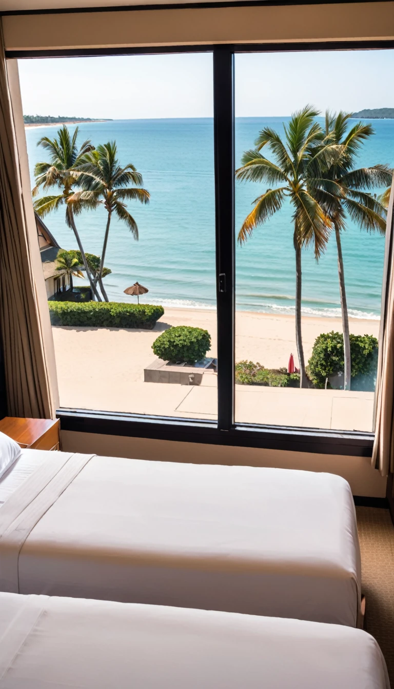 POV: Overlooking the beach and ocean from a hotel room window.