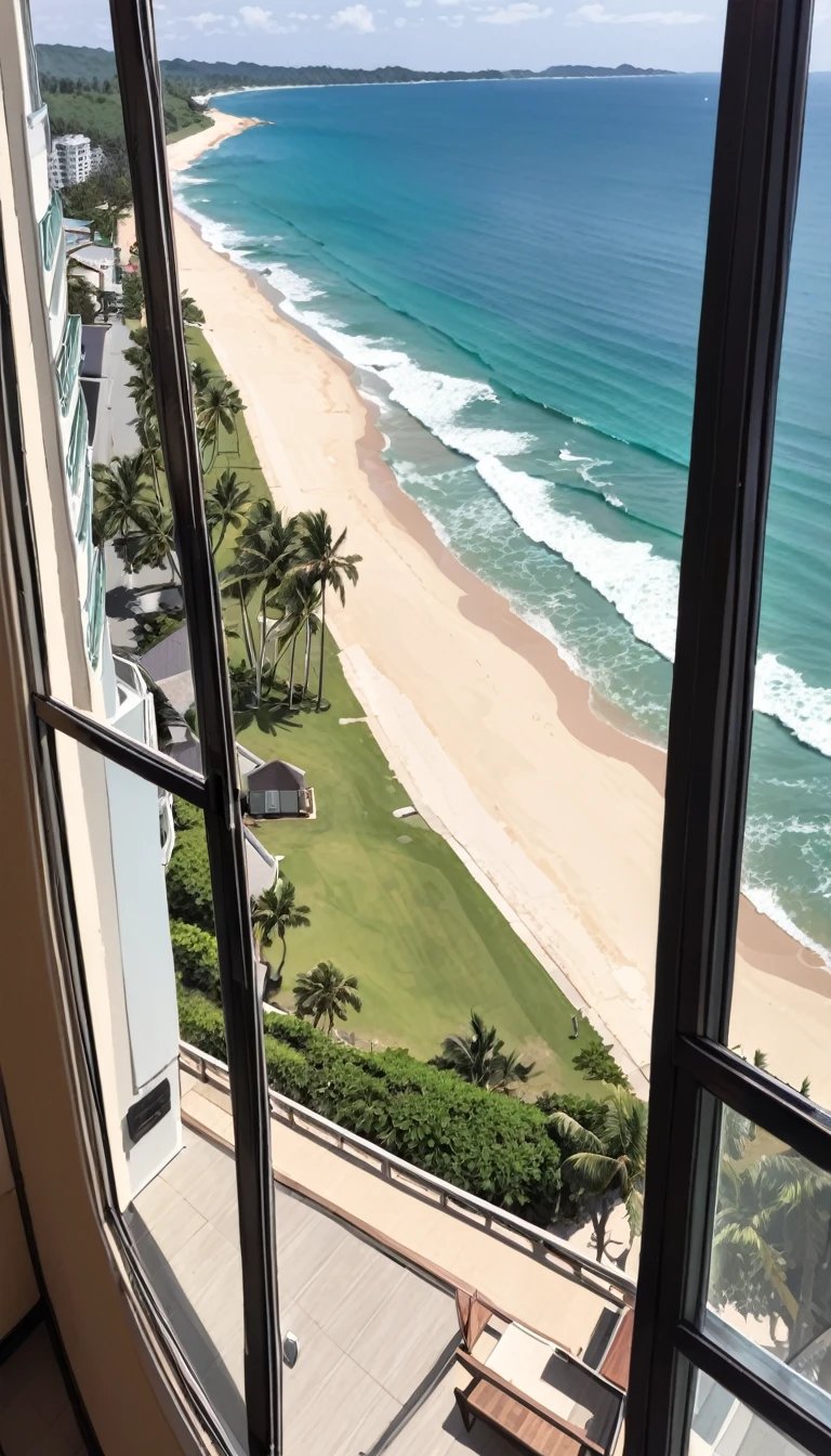POV: Overlooking the beach and ocean from a hotel room window.