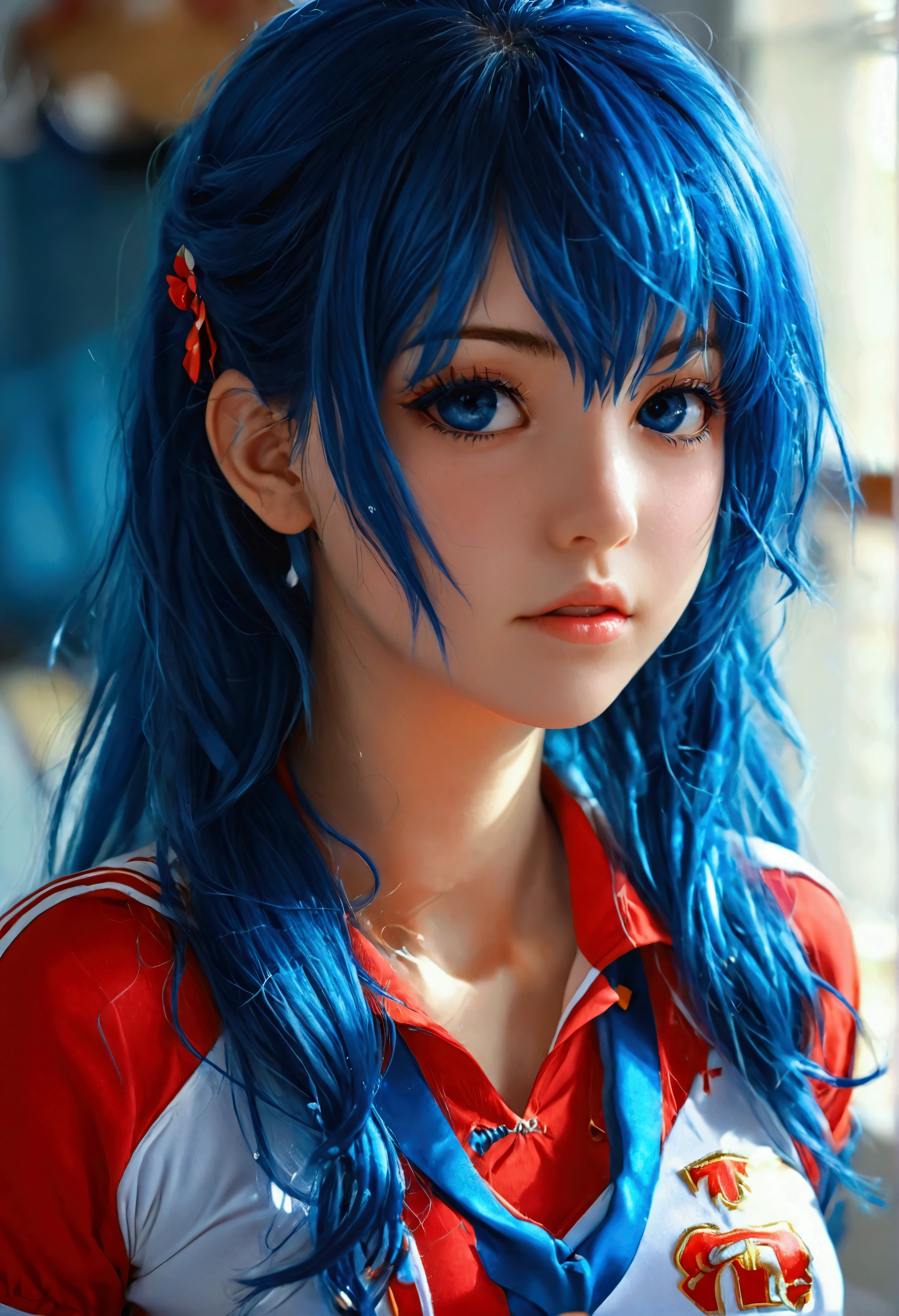blue chearleader outfit, long blue hair forced and annoyed Facial expression medium breasts size and with the cheerleader things on her hands Anime style