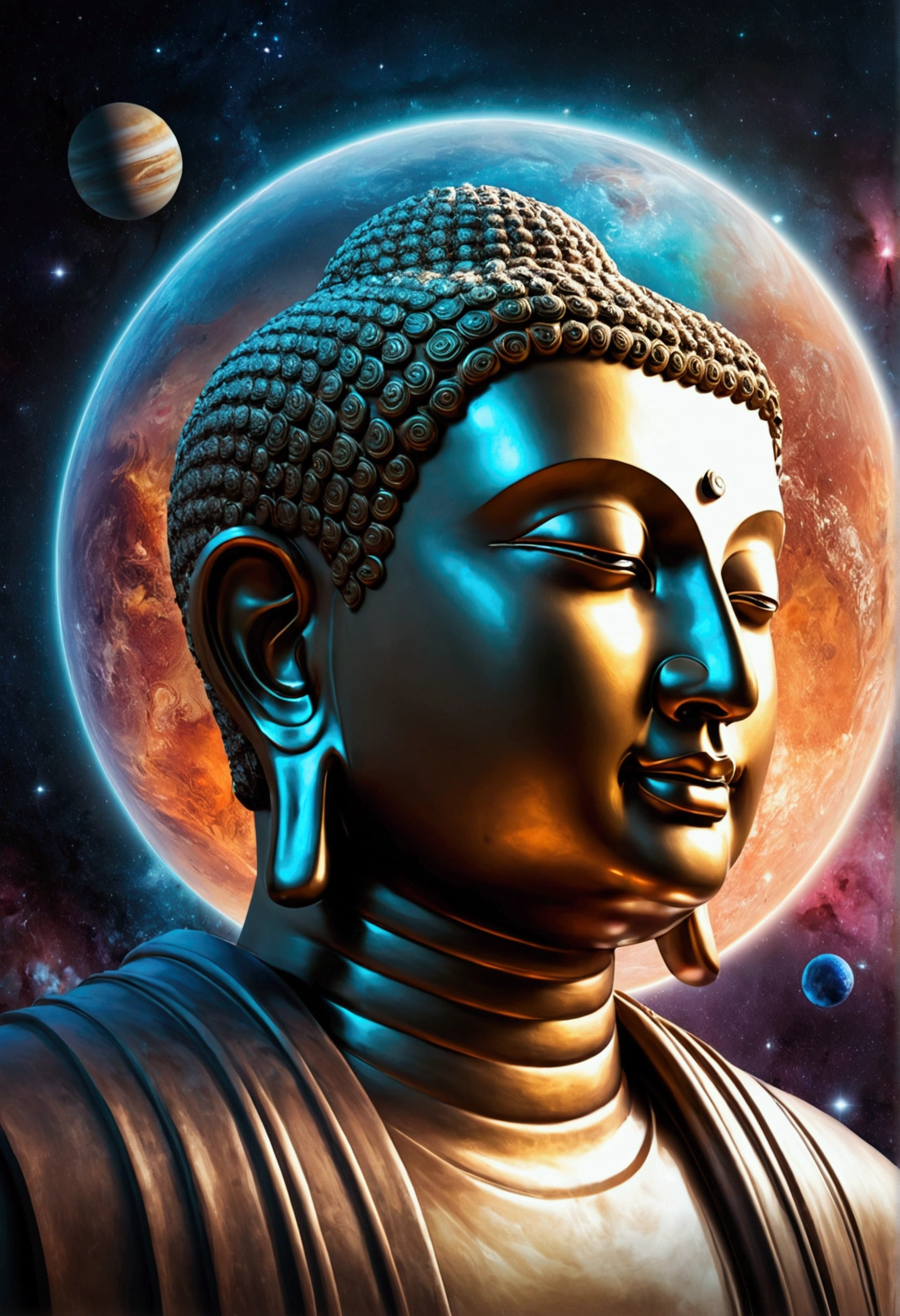 A giant transparent Buddha head looks at the planets in the cosmic soil,Glow Effect,oc rendering