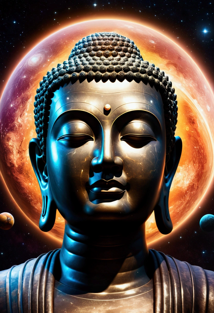 A giant transparent Buddha head looks at the planets in the cosmic soil,Glow Effect,oc rendering