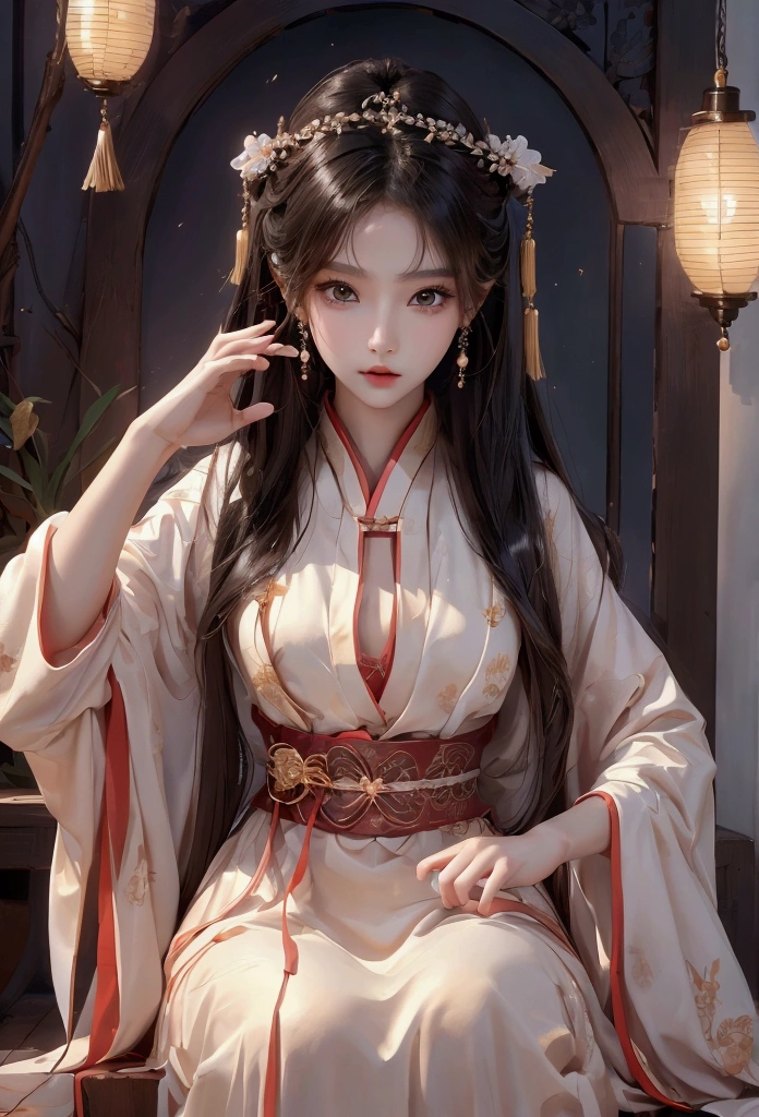 Best image quality、8k、masterpiece:1.3))、Realistic high-quality photos、Highest quality、 Beautiful face、Photos of slim models、Beautiful girl model、Young and pretty face、Beautiful model girl、A lovely and delicate face、Black Hair、Beautiful brown eyes、Young Body、Hanfu, (emphasize)、from the front、Camera gaze,、Anatomically correct、胸の谷間をemphasize、whole body、13-year-old female model