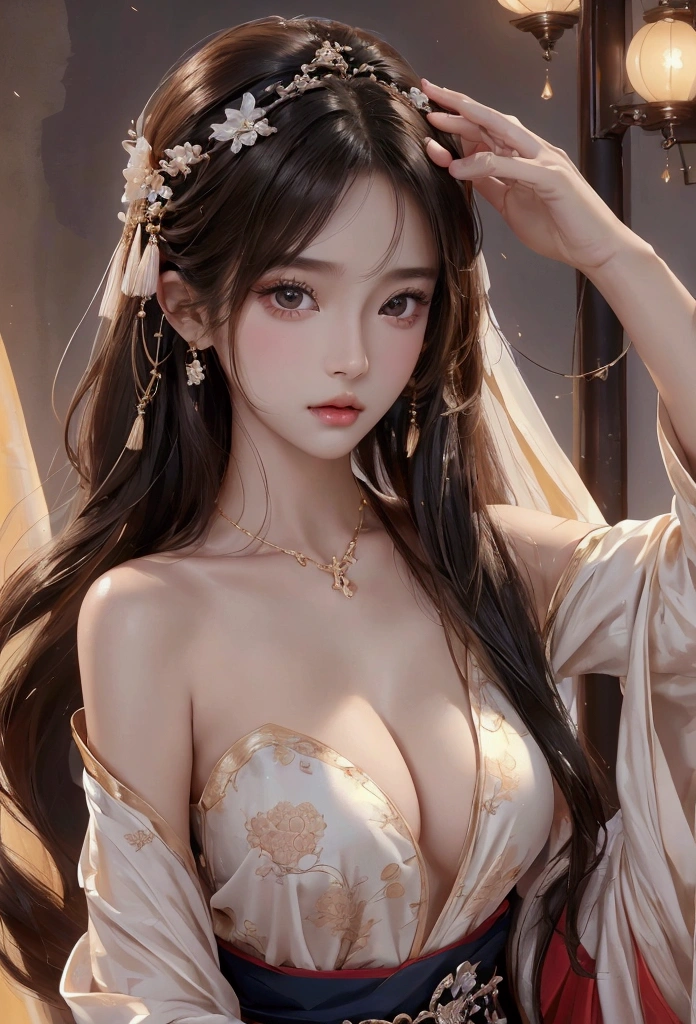 Best image quality、8k、masterpiece:1.3))、Realistic high-quality photos、Highest quality、 Beautiful face、Photos of slim models、Beautiful girl model、Young and pretty face、Beautiful model girl、A lovely and delicate face、Black Hair、Beautiful brown eyes、Young Body、Hanfu, (emphasize)、from the front、Camera gaze,、Anatomically correct、胸の谷間をemphasize、whole body、13-year-old female model