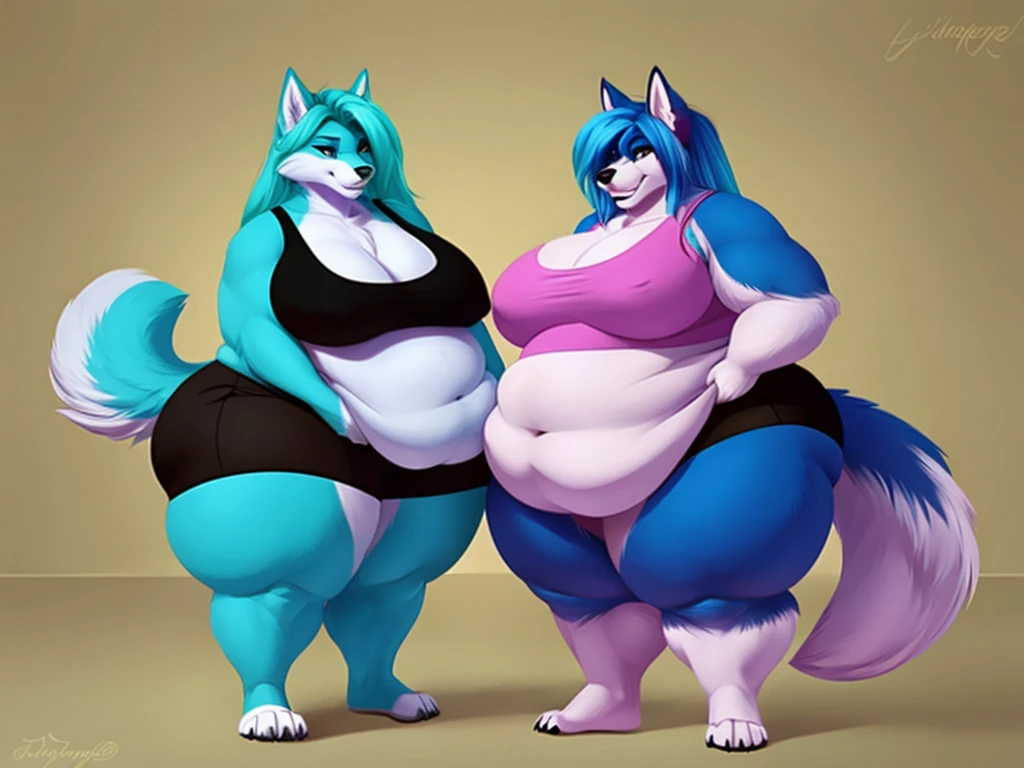 Malamute, female, long blue hair, black and blue body,huge breasts, huge hips, huge thighs, plump, voluptuous, morbidlyobese, gorgeous, beautiful, eyelashes, black tank top, black shorts,fat arms, fat legs, belly rolls, fat rolls, hip fat rolls, double chin, chubby cheeks ,cyan hair,cyan fur, cyan eyes,pear-shapped figured, plantigrade, ,duo, lesbians