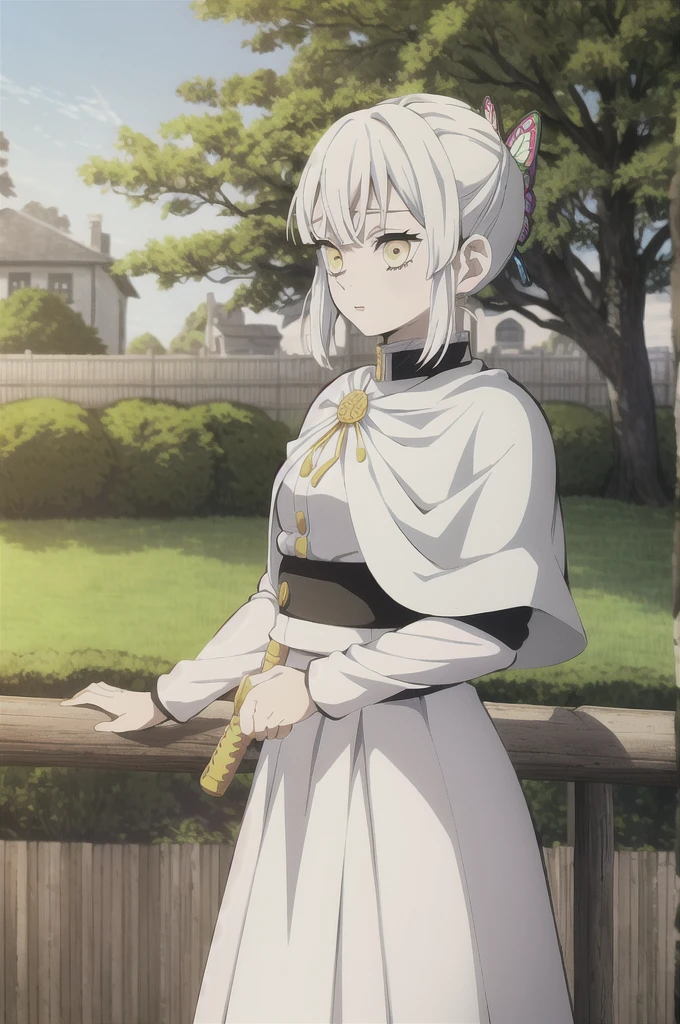 kimetsu no yaiba style, 1girl, white hair in a bun, demon slayer uniform, solo, yellow eyes, butterfly on hand,katana ,white hair, black cape, cape, outdoors, bangs, tree, fence, anime coloring, ((masterpiece))