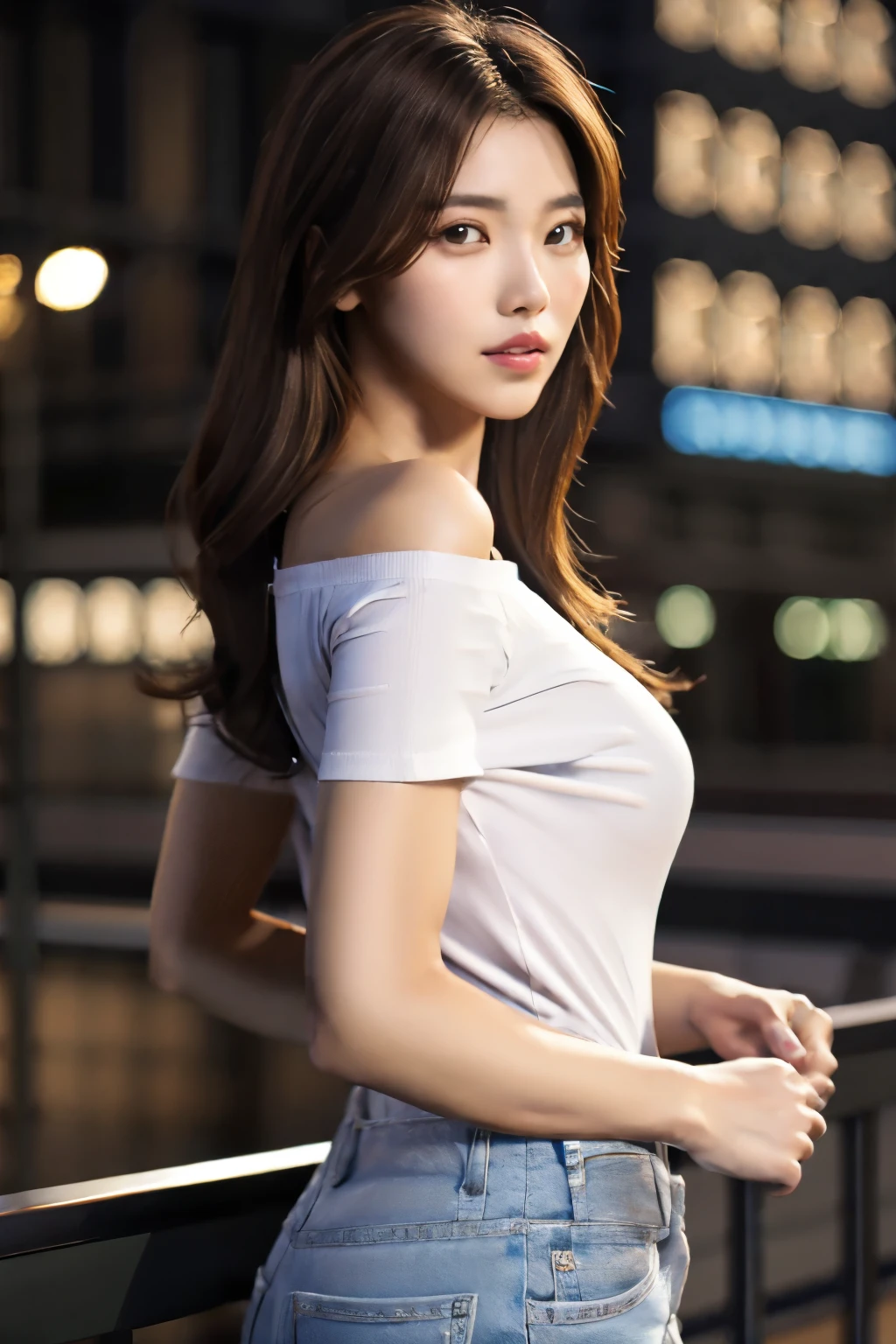 ((midnight, best quality, 8K, masterpiece :1.3)), whole body, Long legs, Clear focus :1.2, Beautiful woman with perfect body :1.4, Slim abdominal muscles :1.1, ((Dark brown hair, Large Breasts :1.2)), (White Tight Tee, Overalls Jeans, permanent:1.2), ((City night scene, roof:1.3)),((Sexy outfit))((The clothes are very revealing:0.7)) Highly detailed face and skin textures, Delicate eyes, Double eyelids, Sunset, darken, Backlight, Off-shoulder