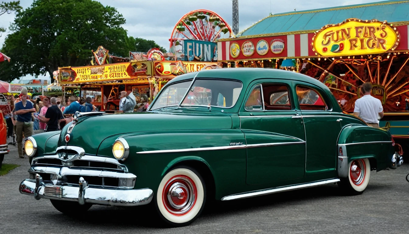 1952 Dodgel Kingsway, STAR WHEEL, WIDE WHEEL, British racing green COLOR, LIGHTED HEADLIGHTS, DARK WINDOWS, parked outside of a fun fair