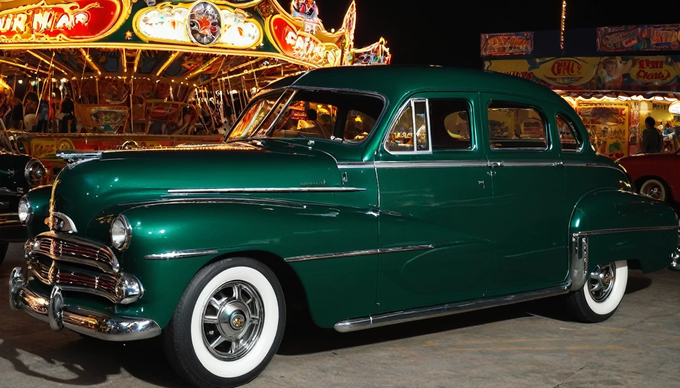 1952 Dodgel Kingsway, STAR WHEEL, WIDE WHEEL, British racing green COLOR, LIGHTED HEADLIGHTS, DARK WINDOWS, parked outside of a fun fair